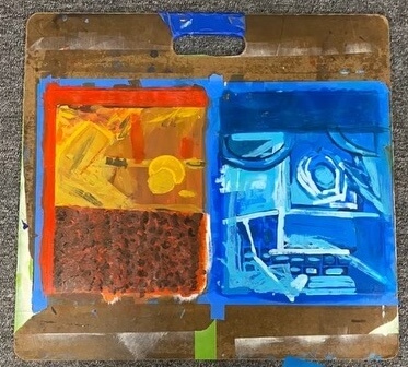 A orange and blue painting piece.